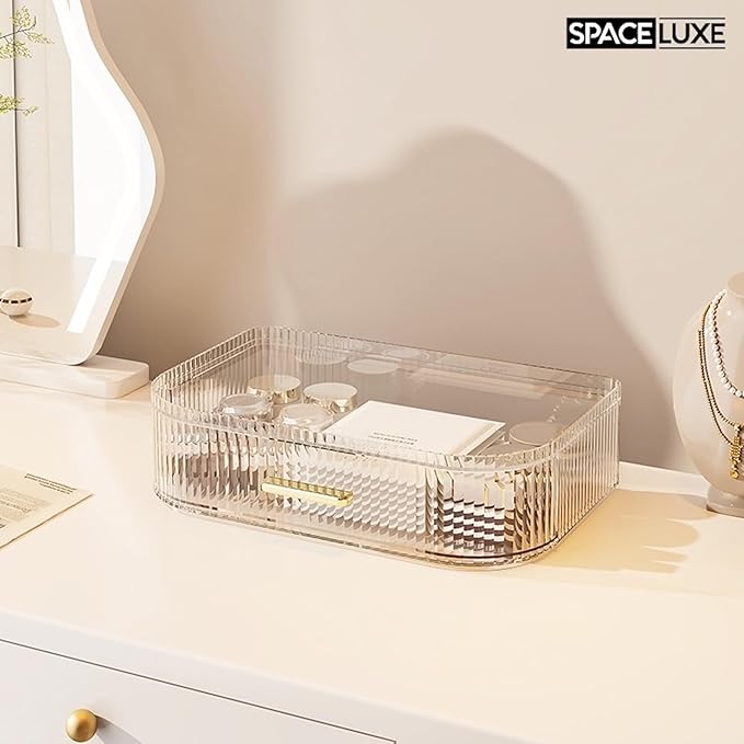 Makeup Organizer with Drawers and 360° Rotating Brush Holder, Large Capacity Cosmetic Storage for Vanity, Skincare, Perfume, Hair Accessories, Lipstick & Jewelry (Clear, 2-layer)