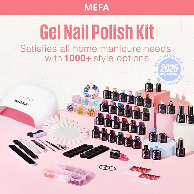 MEFA 54 Pcs Gel Nail Polish Kit with U V Light, 32 Colors Popular Soak Off Nude Pink Red Gel Polish Nail Set with Matte/Glossy Gel Top Base Coat Manicure Tools Nail Art Decorations DIY Salon Home Gift