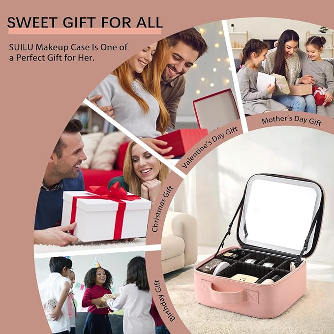 Travel Makeup Bag with LED Lighted Mirror,Cosmetics Organizer, Makeup Bag with 3 Color Lighted Setting, Portable Storage and Adjustable Dividers Travel Makeup Bag(Pink)