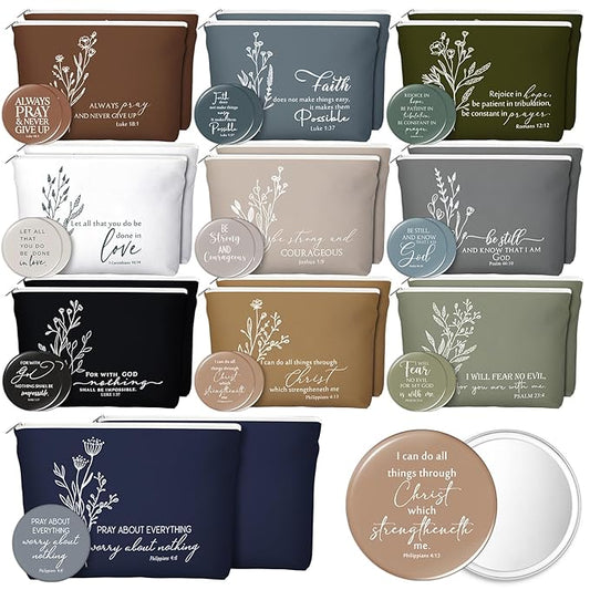 Reginary 20 Sets Christian Gifts for Women Include 20 Religious Canvas Makeup Bags with 20 Bible Verse Compact Mirrors Mother's Day Inspirational Birthday Gift for Mom(Neutral Colors,Aesthetic Style)