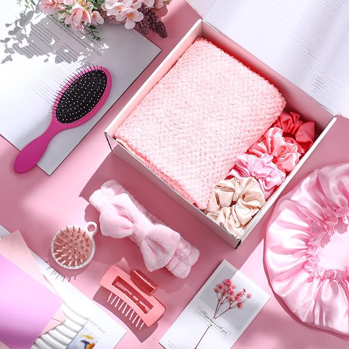 Sawysine 12 Pcs Gift Basket for Women Hair Care Spa Accessories Set Preppy Women's Birthday Mother's Day Gift Stuff(Pink)