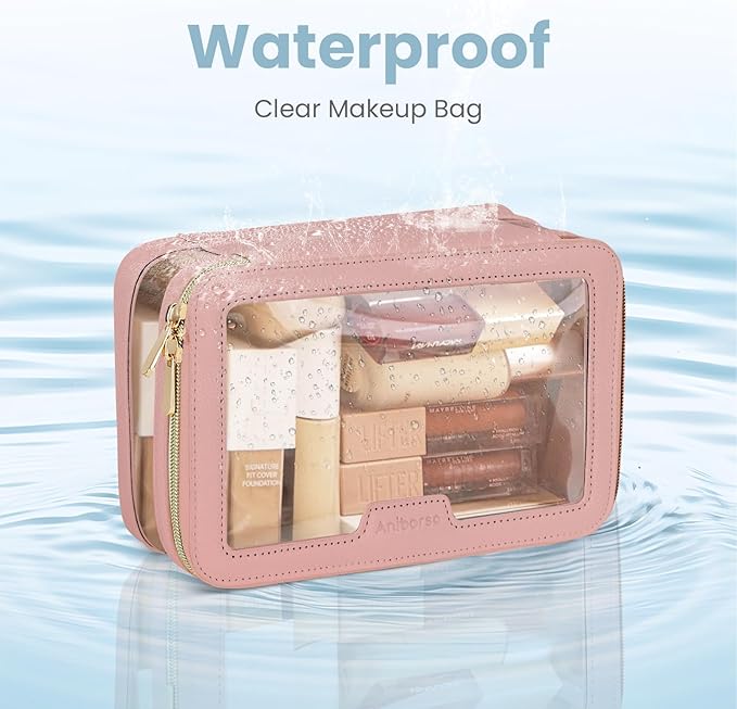 Clear Makeup Bag, Travel Clear Cosmetic Bag and Makeup Brush Bag, Transparent Portable Makeup Case, Waterproof Toiletry Bag with Zipper for Women, Pink