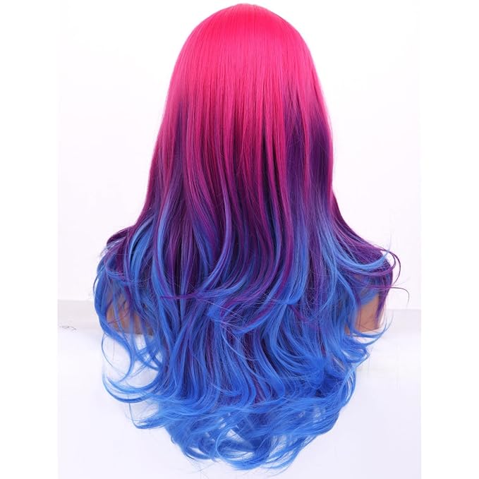 BERON Rose Ombre Blue Wigs Long Wavy Wig for Women Girls Hot Pink Blue Heat Resistant Synthetic Hair Wigs for Cosplay Party Daily or Use