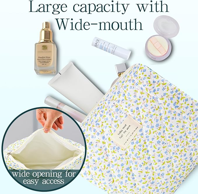 Makeup Bag, 3 PCS Quilted Makeup Bag, Cute Floral Cotton Cosmetic Bag set, Coquette Makeup Pouch Large Travel Toiletry Bag