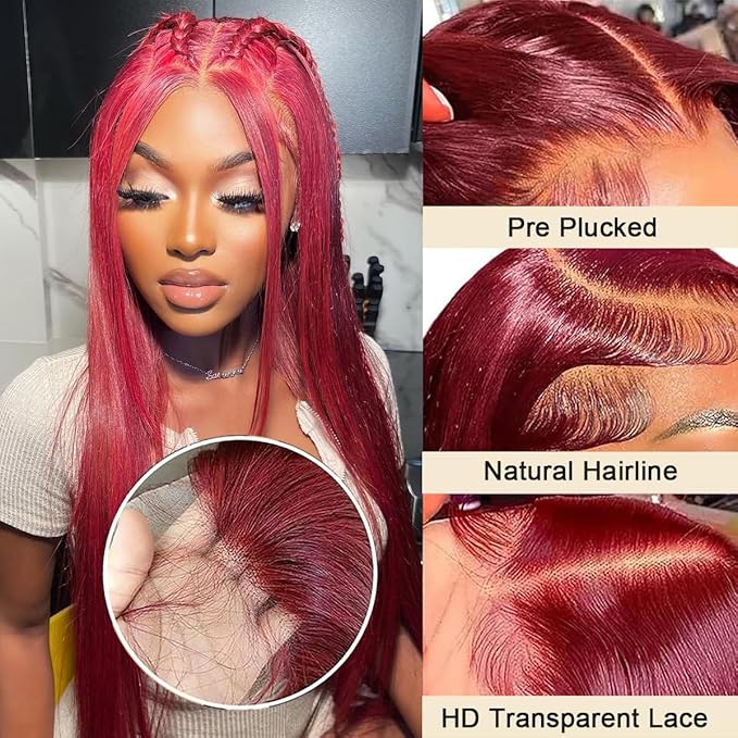 99j Burgundy Lace Front Wigs Human Hair 200% Density 13x4 99j Straight Lace Front Wigs Human Hair Wine Red Colored Human hair wig Pre Plucked Glueless HD Lace Frontal Wigs for Women 20 Inch
