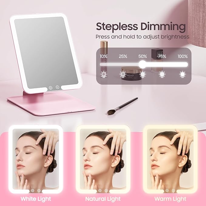 Benbilry Foldable Travel Makeup Mirror with Lights and 20X Magnification, Rechargeable Tabletop LED Vanity Mirror with Adjustable Stand, 3-Colored Dimmable Lighting, Portable Cosmetic Mirror, Pink