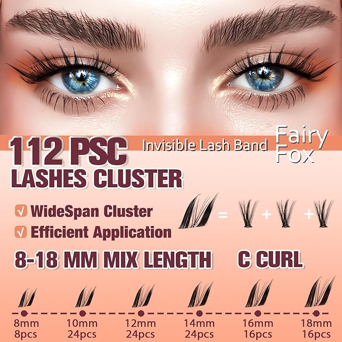 FairyFox Lash Clusters Kit 8-18mm Manga FoxEye Eyelash Clusters C Curl - WideSpan DIY Eyelash Extensions Kit Wet-Look Anime Lashes Individual Fake Eyelashes Clusters Kit Ultra-Thin Invisible Lash Band