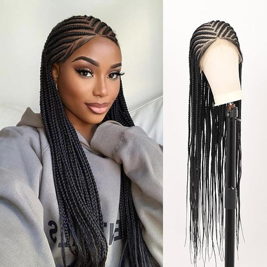 13x8 HD Lace Front Braided Wigs Cornrow Braided Wigs for Women Box Braid Wig with Baby Hair Middle Parted Human Hair Blended Braided Lace Front Wigs Black 36 Inch