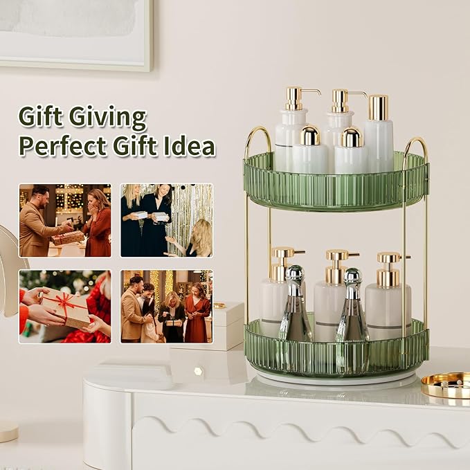 360° Rotating Makeup Organizer for Vanity - 2 Tier Perfume Organizer with Large Capacity - Skincare Organizer for Bathroom Counter - Space-Saving Cosmetic Storage for Dresser Countertop (Green)