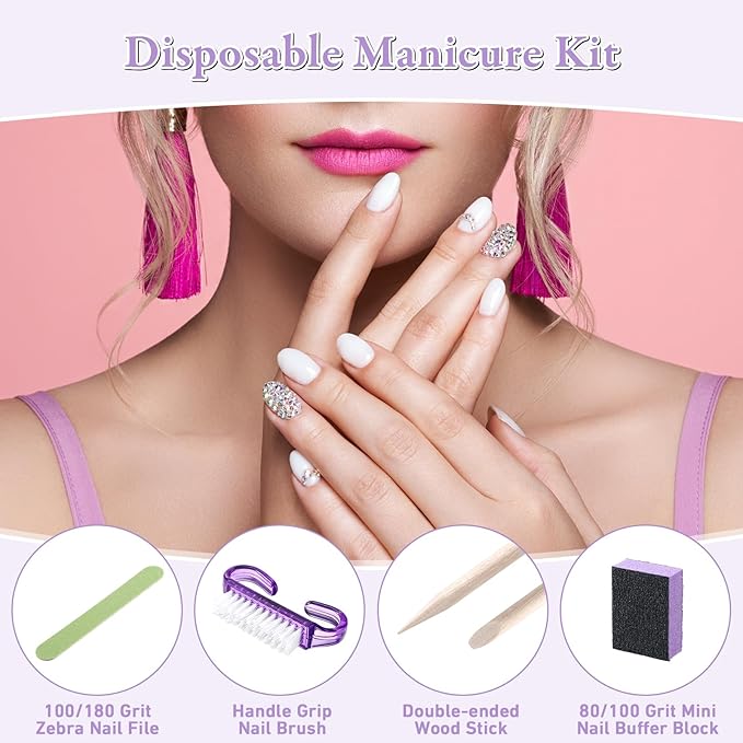 100 Sets Professional Disposable Manicure Kit Basics 4 Piece Nail Kit Wood Nail File 100/180 Grit, Mini Buffer 80/100 Grit, Wood Stick and Handle Grip Brush Gifts(Purple)