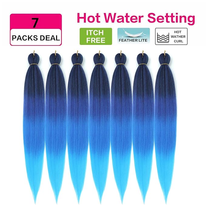 36'' Ombre Pre Stretched Braiding Hair Yaki Texture Crochet Braid Hair Extensions 4 Tones Braiding Hair Pre Stretched (7packs,1b/purple/blue/l.blue)