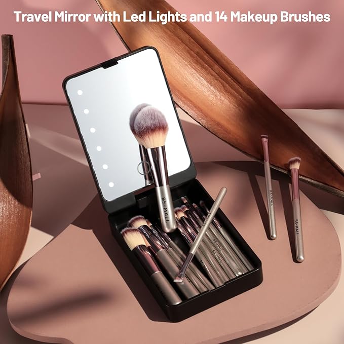BS-MALL Travel Makeup Brush Set Foundation Powder Concealers Eye Shadows Makeup Set with LED light Mirror 14 Pcs (C-Champange)