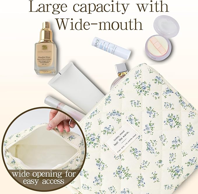 Makeup Bag, 3 PCS Quilted Makeup Bag, Cute Floral Cotton Cosmetic Bag set, Coquette Makeup Pouch Large Travel Toiletry Bag