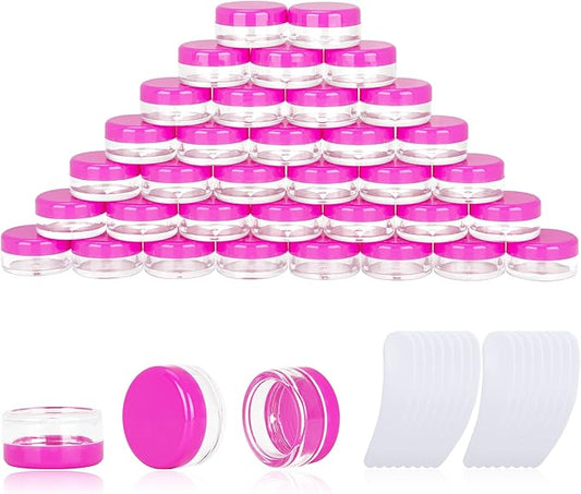 200PCS 3 Gram Sample Containers, 3ml Empty Jars with Lids, Small Cosmetic Containers, Mini Sample Jars with 16PCS Mini Spatulas for Make Up, Oils, Lotion, Powder, Paint, Jewelry, Lip Balms(Pink Lid)