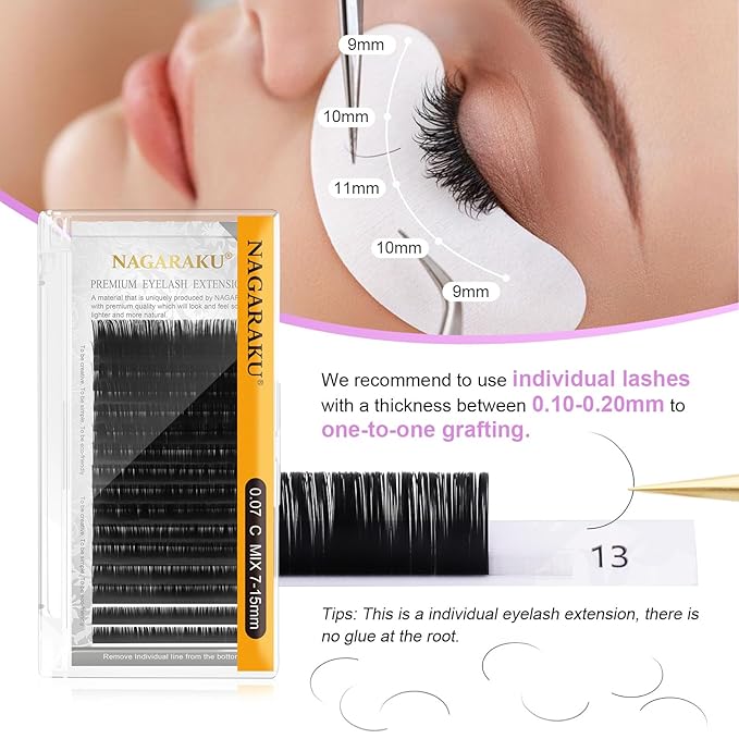 NAGARAKU Eyelash Extensions Individual Lashes Extensions Classic Lash Matte Black 16 Rows Soft Natural Matte Black Professional Beauty Salon Lashes Supplies - 0.15LC 13mm