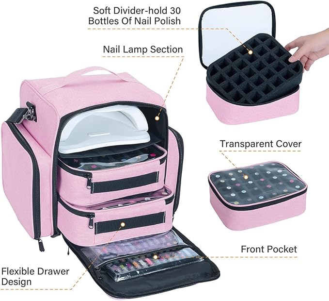 Nail Polish Organizer Case Holds 60 Bottles Portable Travel Storage Box with 2 Detachable Bags, Designed for Women's Nail Tools, Essential Oils and Cosmetics Sets Pink