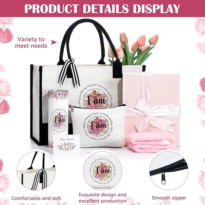 Paterr 7 Pcs Christian Gift for Women Include 20 oz Stainless Steel Tumbler Inspirational Religious Tote Bag Makeup Bag Socks Keychain Thank You Card Christian Birthday Gifts for Women(I Am)