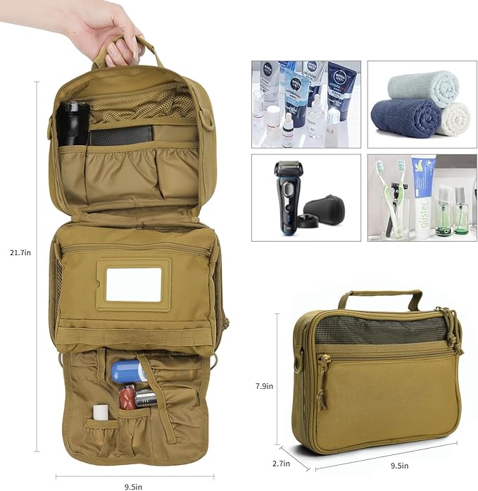SUNRISING Tactical Toiletry Bag for Men - Hanging Travel Dopp Kit, Shaving Hygiene Organizer, Durable Bathroom Essentials for Short Trips & Camping Khaki（No molle）
