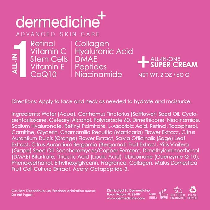 All In One Super Anti-Aging Cream for Face with Retinol, Vitamin C, Stem Cells, Vitamin E, CoQ10, Collagen, Hyaluronic Acid, DMAE, Peptides, Niacinamide for More Youthful Looking Skin 2oz