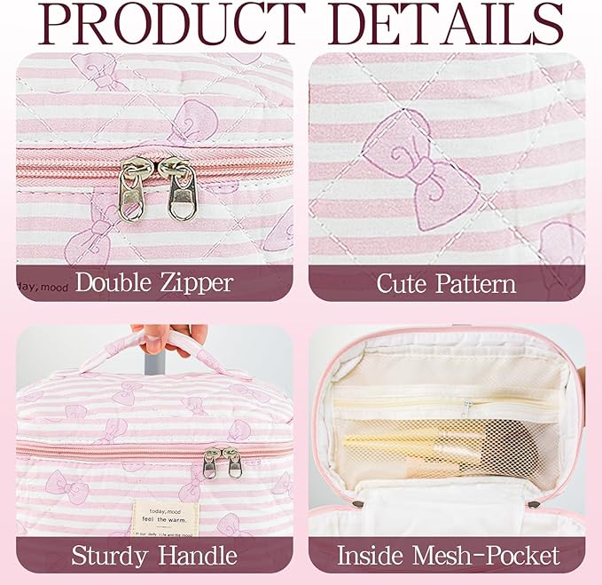3Pcs Quilted Makeup Bag, Cute Floral Cotton Cosmetic Bag set, Coquette Bow Makeup Pouch Large Travel Toiletry Bag
