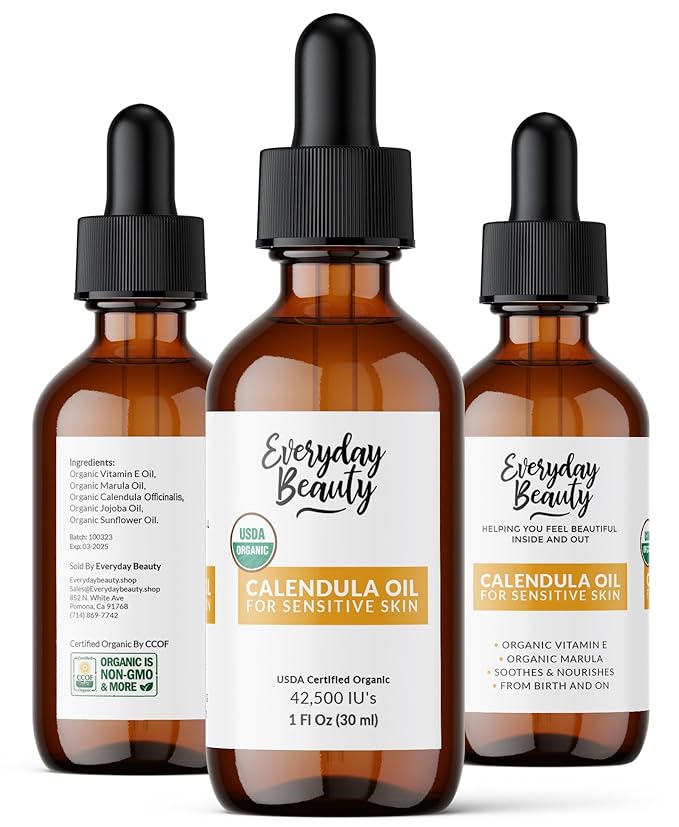 Organic Calendula Oil For Sensitive Skin - USDA Certified 100% Natural Plant Based, Lightweight & Unscented Gentle Soothing Oil For Sensitive Skin - For Face, Skin & All Over - 1 Fl Oz Glass & Dropper