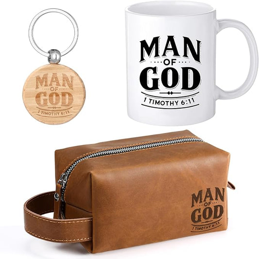 3 Pcs Father's Day Man of God Gifts for Men Christian 11.2oz Inspirational Coffee Mug Religious Bible Verse Leather Toiletry Bag Scripture Keychain for Dad Pastors Church Baptism Souvenir