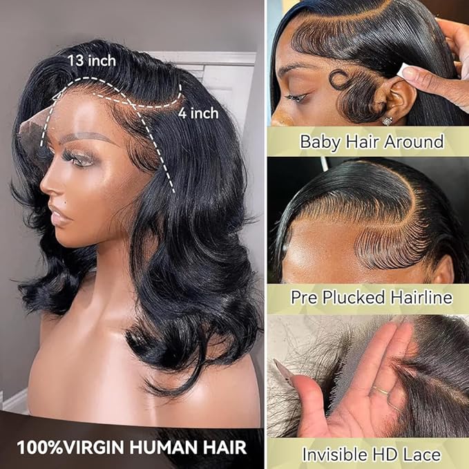 14 Inch Bob Wig Human Hair Glueless 13X4 HD Lace Front Wigs Human Hair Pre Plucked 180 Density 100% Real Human Hair Short Body Wavy Bob Wigs for Black Women Super Soft and Natural Black Color