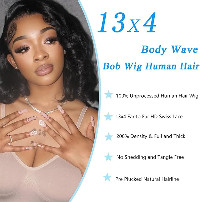 13x4 Bob Lace Front Wigs Human Hair Pre Plucked 200% Density Short Body Wave Bob Wig Human Hair 100% Brazilian Virgin Human Hair Bob Wigs for Black Women Natural Black 10 Inch