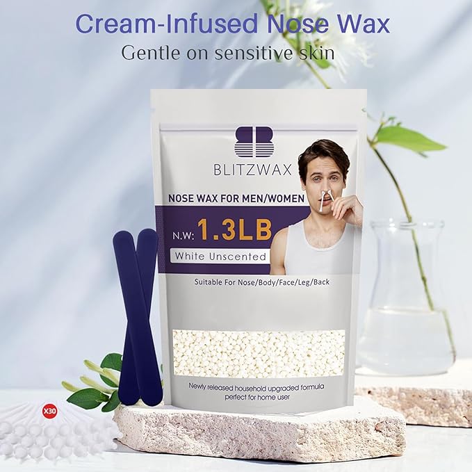 BLITZWAX Hair Removal Hard Wax Beads Unscented 1.3lb Waxing Beans Kit with 30 Nose Waxing Sticks for Sensitive Skin, Face, Back, Body, Brazilian and Coarse Hair, Home Wax Pearls for Men Women, White