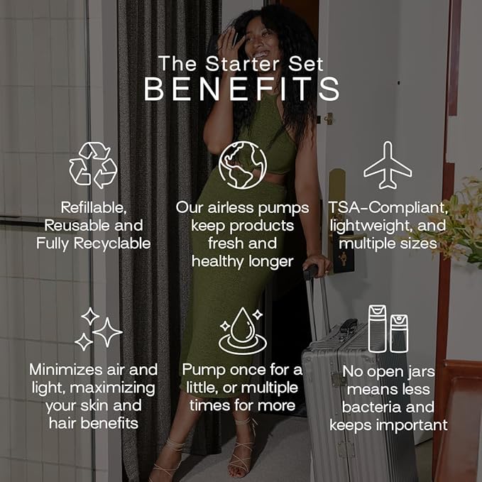 Starter Set Toiletry Travel Bottles – Set of 3 (1.7oz) Airless Pump Containers for Shampoo, Conditioner, Body, Face – Leak-Proof, TSA-Approved, Dishwasher Safe- (Outlier Sand)