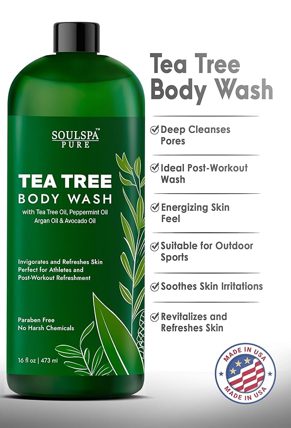 Tea Tree Body Wash Men & Women - Shower Gel Soap with Peppermint - Helps with Body Odor, Soothes Itching, Deep Cleansing Post Workouts - 16 fl oz x 2