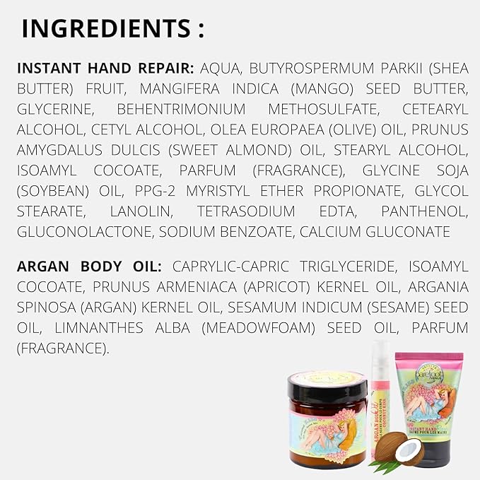 Coconut Kiss Bundle: Instant Hand Repair (3 oz), Mini Instant Hand Repair (1 oz), Argan Body Oil (0.27 oz)