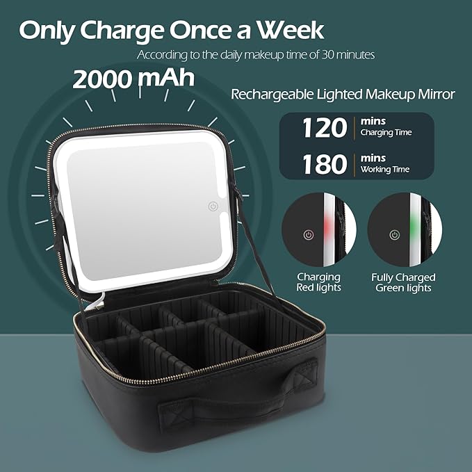 MOMIRA Travel Makeup Bag Cosmetic Bag Makeup Organizer Bag with Large Lighted Mirror 3 Color Scenarios Adjustable Brightness, Waterproof Makeup Travel Case, Large Makeup Train Case Toiletry Gift