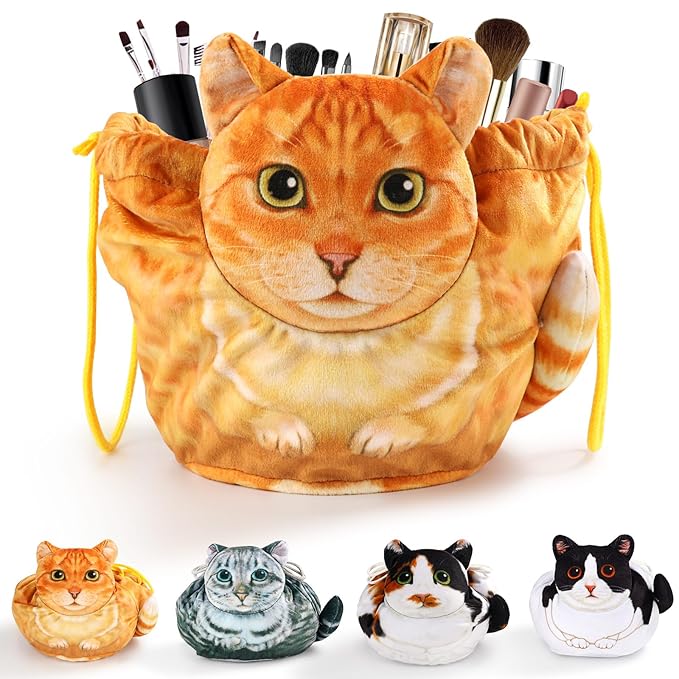 Drawstring Makeup Bag - Travel Organizer, Cosmetic Pouch, Cat Gift for Women, Lay Flat Bag for Cat Lovers