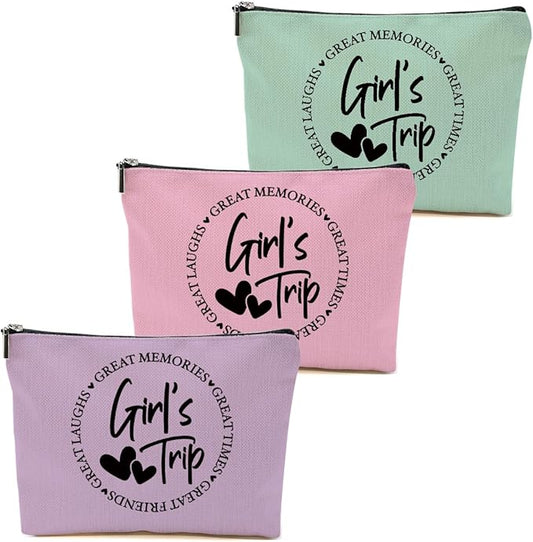 3Pcs Girls Trip Gifts Favors, 2025 Girls Weekend Gifts Makeup Bag, Bestie Gifts Weekend Bag Vacation Cosmetic Bag, Friendship Gifts for Women Friend Bestie, Graduation Wedding Gifts Toiletry Bag