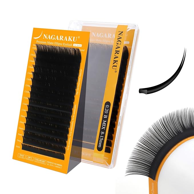 NAGARAKU Flat Ellipse Eyelash Extensions, 5TH GEN AIR SERIES Double Tips Lashes Lighter Thinner Flat Split Tips Individual Lash Matte Black Classic False Eyelashes 16 Rows -0.20 B Curl 8-15mm Mix
