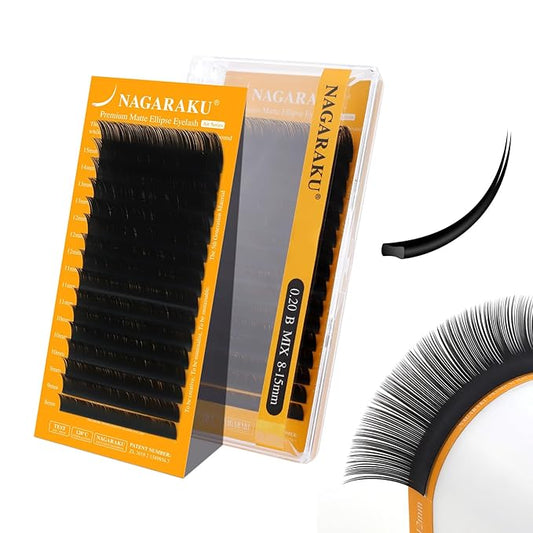 NAGARAKU Flat Ellipse Eyelash Extensions, 5TH GEN AIR SERIES Double Tips Lashes Lighter Thinner Flat Split Tips Individual Lash Matte Black Classic False Eyelashes 16 Rows -0.20 B Curl 8-15mm Mix