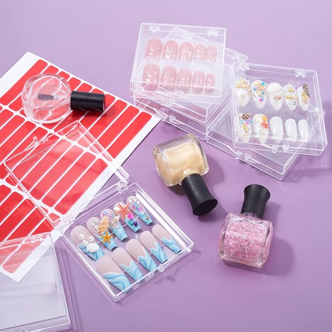 ANCIRS 25 Pack Acrylic False Nail Storage Box for DIY Press-on Nails Holder & 60pcs Double Sided Adhesive Nail Display Tape, Artificial Nail Stand Packaging Organizer Case & Fake Nail Tip Tapes for Nail Art Practice Salon Manicure Craft