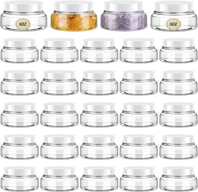 Tessco 24 Pack Plastic Jars with Lids Labels Empty Clear Plastic Jars Round Refillable Cosmetic Containers Body Butter Containers Bulk Sugar Scrub Bottle for Make Up(5 oz,White)
