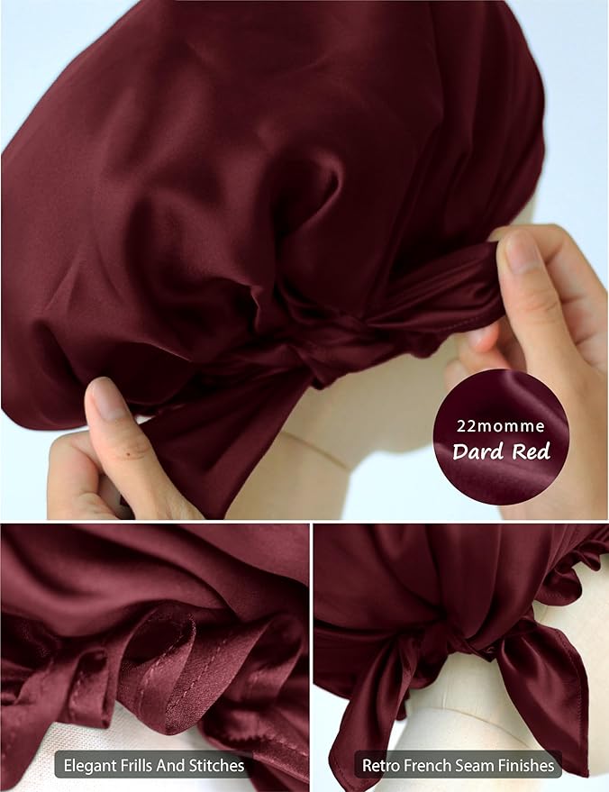 100% Silk Bonnet for Sleeping With Tie Band, Large Sleep Cap for Curly Hair, Wrap for Hair Care (Dark Red)