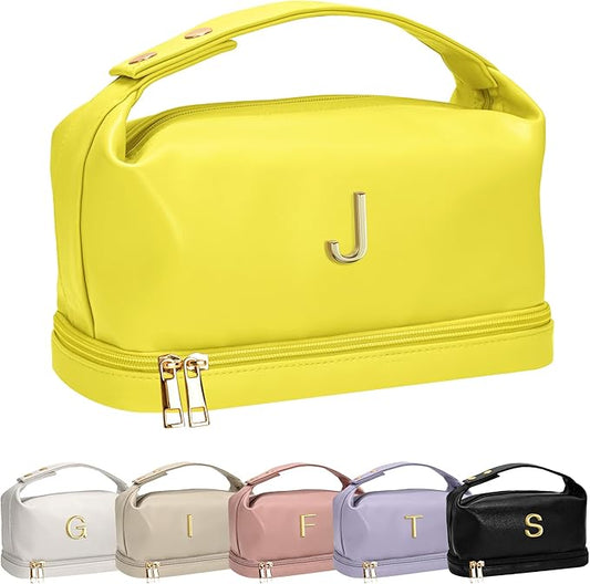 Gifts for Women 20s, Personalized Makeup Bag with Handle, Initial Double Layer Cosmetic Bag with Makeup Brush Organizer, Cute Cosmetic Pouch for Women, Gifts for Friends Female Mom