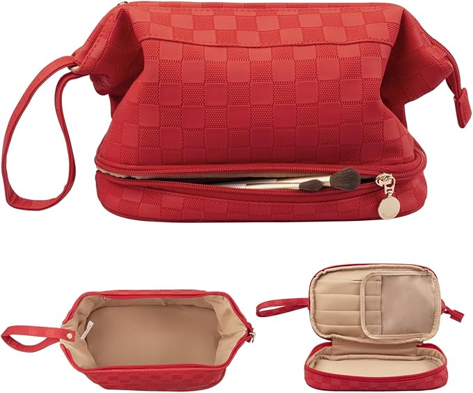 Abiudeng Large Capacity Makeup Bag Ladies Cosmetic Bag Travel Bag with Compartments Portable PU Leather Travel Makeup Bag with Handle