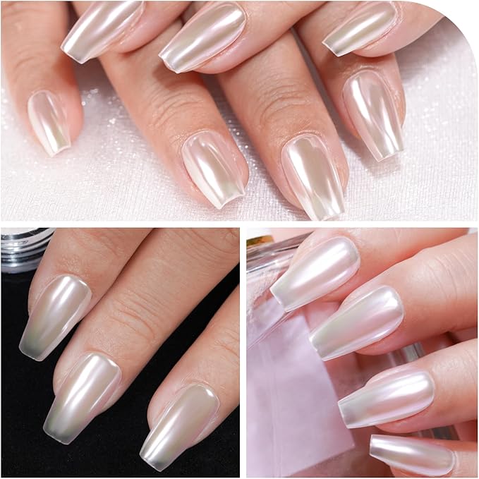 Chrome Nail Powder Pearl White Aurora Effect Metallic Mirror Moonlight Pigment Iridescent Glitter Kit for Gel Polish Nail Art Decoration, 6 Colors Set 0.5g/Jar