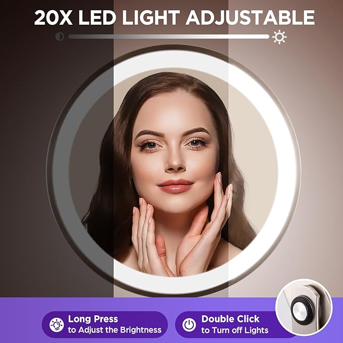 20x Magnifying Mirror with Light, Lighted Makeup Mirror with 3 Color Dimmable Adjustable Mirror, Side Charging Port & SideTouch Sensor, 360° Rotation Double Sided Standing Desk Mirror-Brushed Nickel