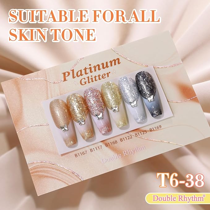 Double Rhythm 0.5 Oz Glitter Gel Polish Set of 6 Color with Display Borad 15 ml Full Size Kit Shimmer Reflective Sparkle Soak Off Manicure Salon DIY at Home (Rose Gold Silver Black Bright-T6-38)