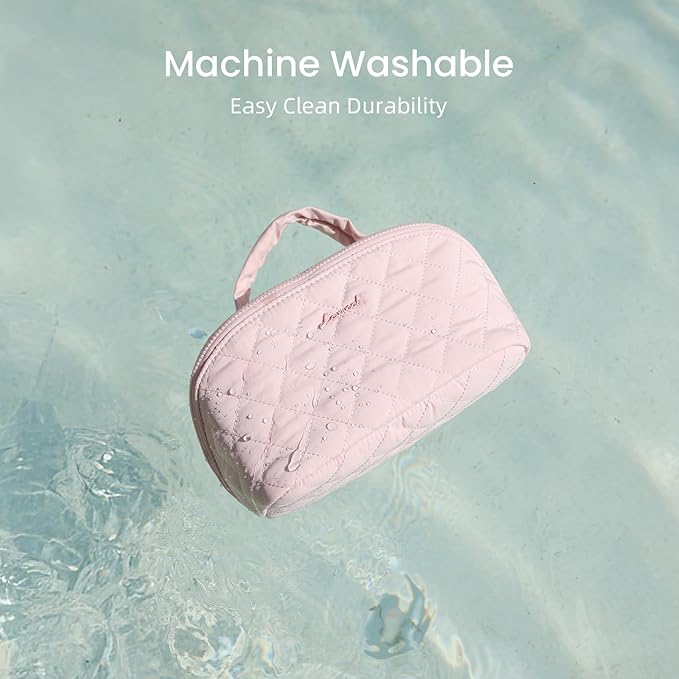 LOVEVOOK Travel Makeup Bag for Women, 2Pcs Set Puffer Waterproof Cosmetic Organizer, Large Capacity Pouch Open Flat Toiletry Bag with Divider & Handle, Portable Gift for Her, Pink