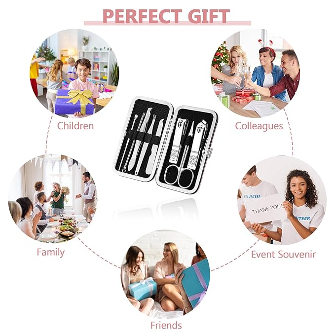 Geosar 12 Sets Manicure Set Nail Clippers Pedicure Kit 8 in 1 Stainless Steel Professional Grooming Kits Nail Care Tools with Travel Case for Men Women(Glitter Pink)