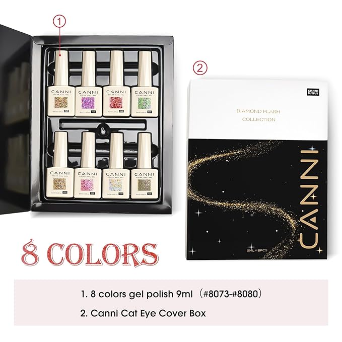 CANNI 8 Pcs 9 ML Glitter Gel Nail Polish Set, Shimmer Sparkly Red Shiny Pink Yellow Purple Blue Colors Gel Polish Kit Soak Off Led Nail Art Manicure Salon DIY