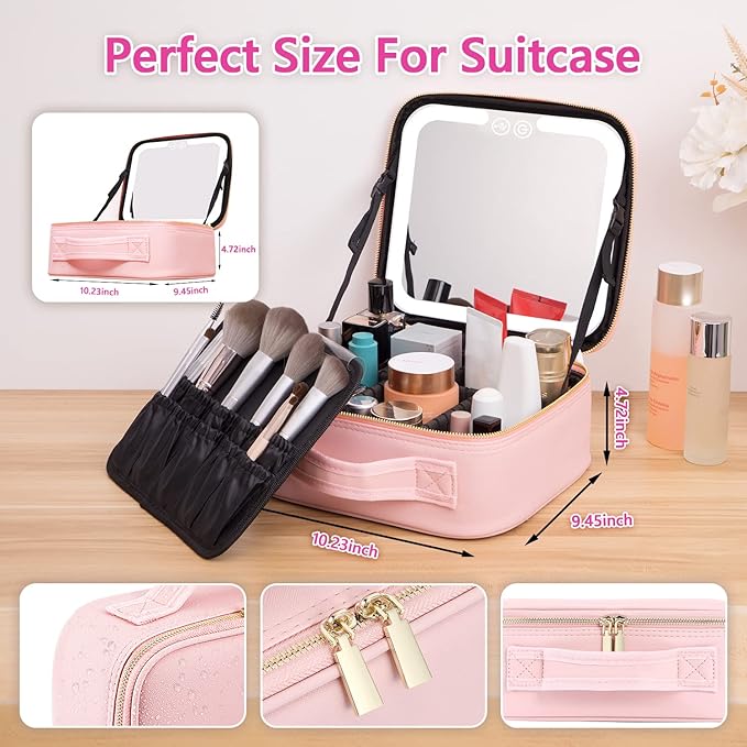 VANMRIOR Travel Makeup Bag with LED Lighted Make up Case with Mirror 3 Color Setting Cosmetic Makeup Box Organizer Vanity Case for Women Beauty Tools Accessories Case Rechargeable