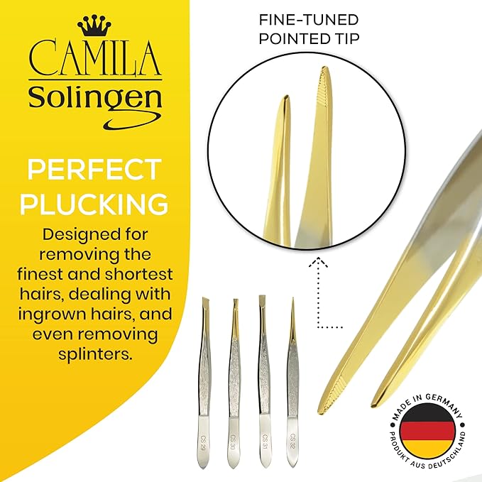 CS32 3 1/2" Gold Tipped, Surgical Grade, German Stainless Steel Tweezers (Pointed) - Flawless Eyebrow and Facial Hair Shaping and Removal for Men/Women